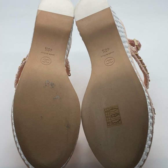 CHANEL 20C Tweed Leather Chain CC Raffia Platform Wedge Heel Sandals Shoes - Picture 10 of 11